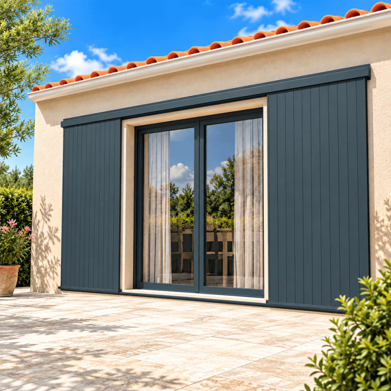 Volet coulissant aluminium tablier plein 2 vantaux porte fenêtre